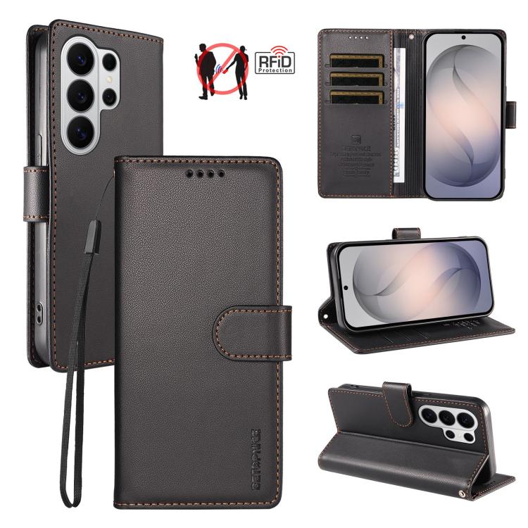 For Galaxy S26 Ultra 5G BETOPNICE Pearlescent RFID Vegan Leather Phone Case with Strap(Black)