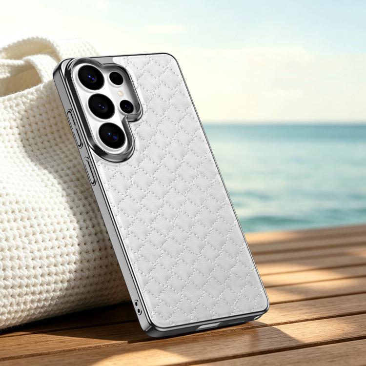 For Galaxy S26 Ultra 5G Rhombus Texture Magnetic Vegan Leather Phone Case(White)