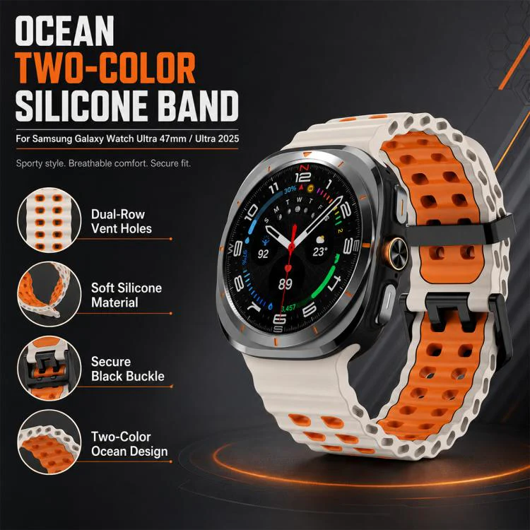 For Galaxy Watch Ultra / Ultra 2025 5 Pack xDfind Black Buckle Ocean Two Color Dual-row Hole Silicone Watch Band - Image 3