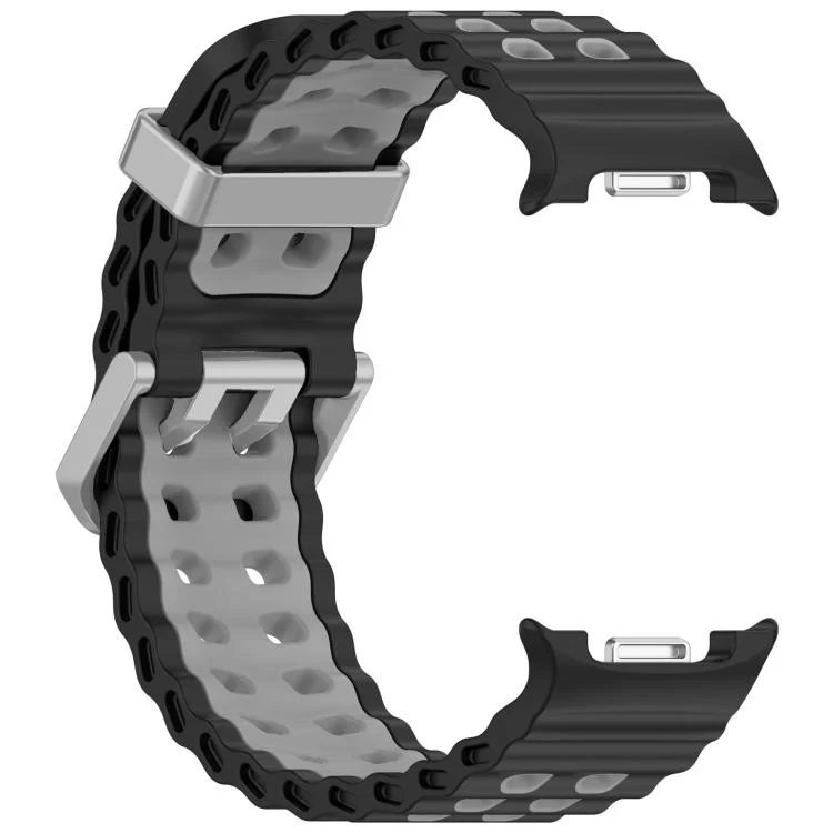 For Galaxy Watch8 / Watch8 Classic Ocean Two Color Dual-Row Hole Silver Buckle Silicone Watch Band(Black Grey) - Image 3