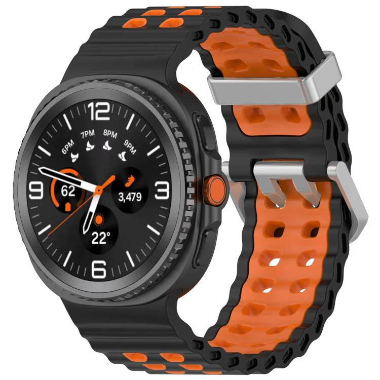 For Galaxy Watch8 / Watch8 Classic Ocean Two Color Dual-Row Hole Silver Buckle Silicone Watch Band(Black Orange)