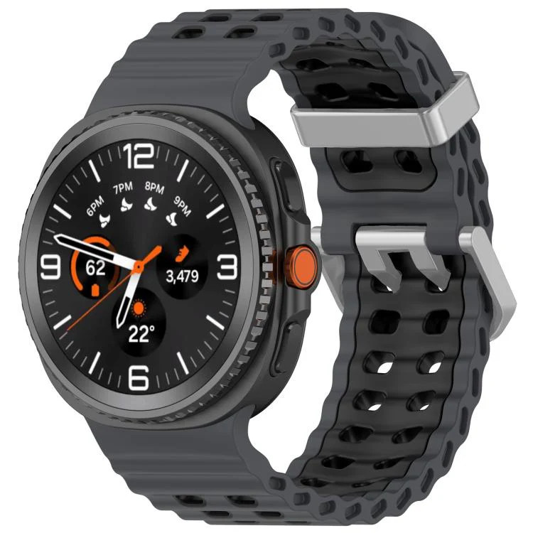 For Galaxy Watch8 / Watch8 Classic Ocean Two Color Dual-Row Hole Silver Buckle Silicone Watch Band(Coal Black)