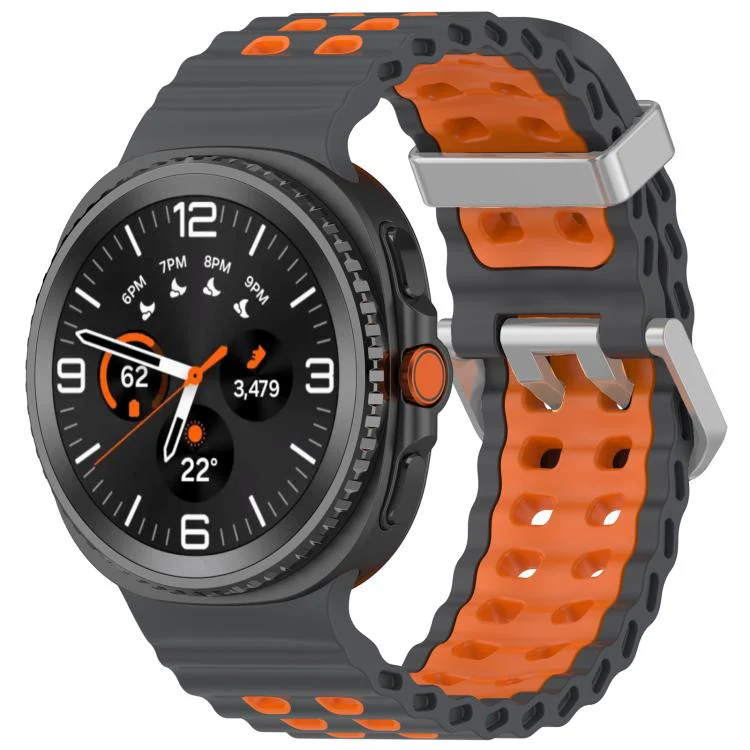 For Galaxy Watch8 / Watch8 Classic Ocean Two Color Dual-Row Hole Silver Buckle Silicone Watch Band(Gray Orange)
