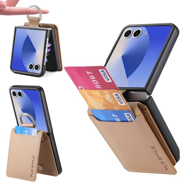 For Galaxy Z Flip8 5G Litchi Texture Leather Ring Wallet Phone Case(Khaki)