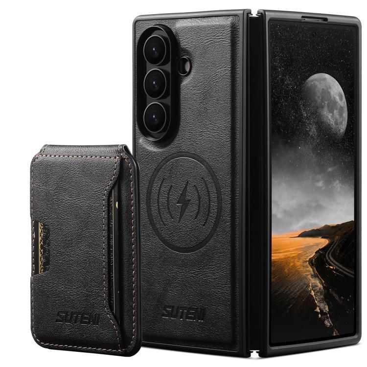 For Galaxy Z Fold8 Ultra 5G Suteni M3 Card Bag MagSafe Cowhide Texture Leather Phone Case(Black)