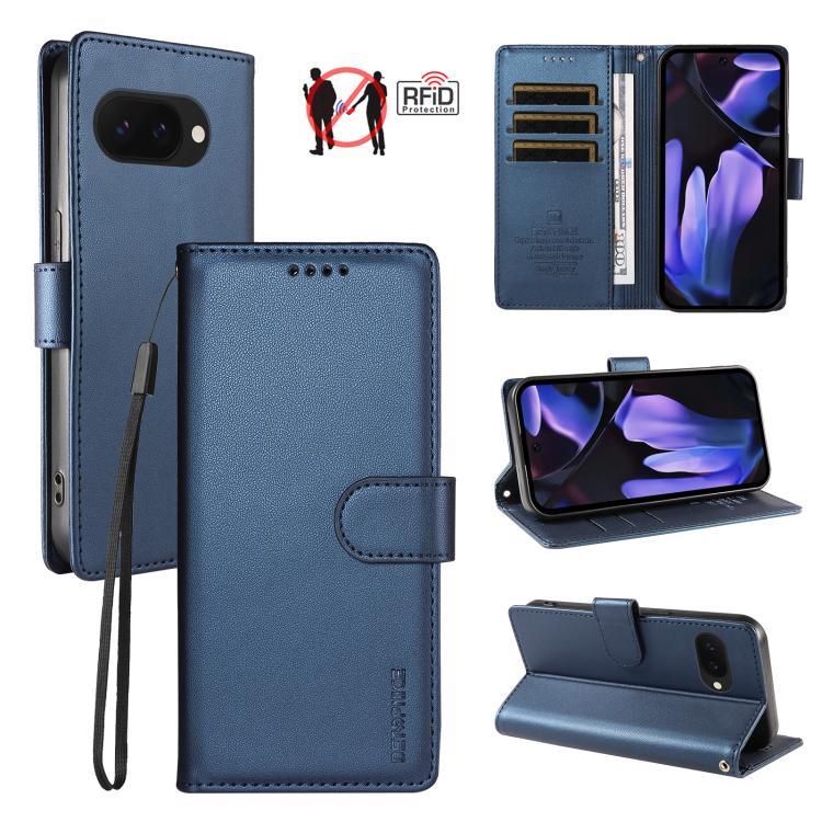 For Google Pixel 10a BETOPNICE Pearlescent RFID Vegan Leather Phone Case with Strap(Blue)