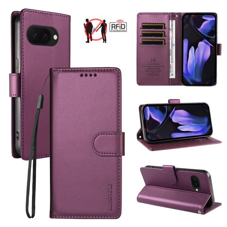 For Google Pixel 10a BETOPNICE Pearlescent RFID Vegan Leather Phone Case with Strap(Purple)