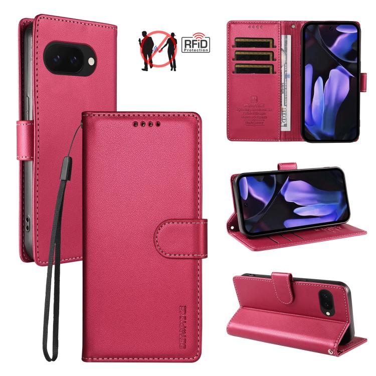 For Google Pixel 10a BETOPNICE Pearlescent RFID Vegan Leather Phone Case with Strap(Red)