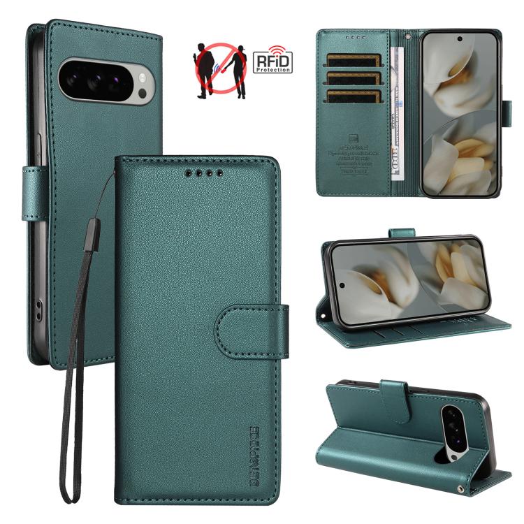 For Google Pixel 11 Pro XL / 10 Pro XL BETOPNICE Pearlescent RFID Vegan Leather Phone Case with Strap(Green)
