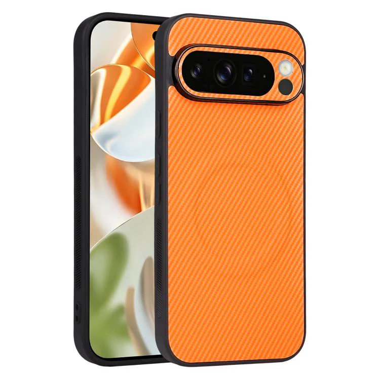 For Google Pixel 9 Pro Precise Cutout Carbon Fiber Texture Vegan Leather Phone Case(Orange)