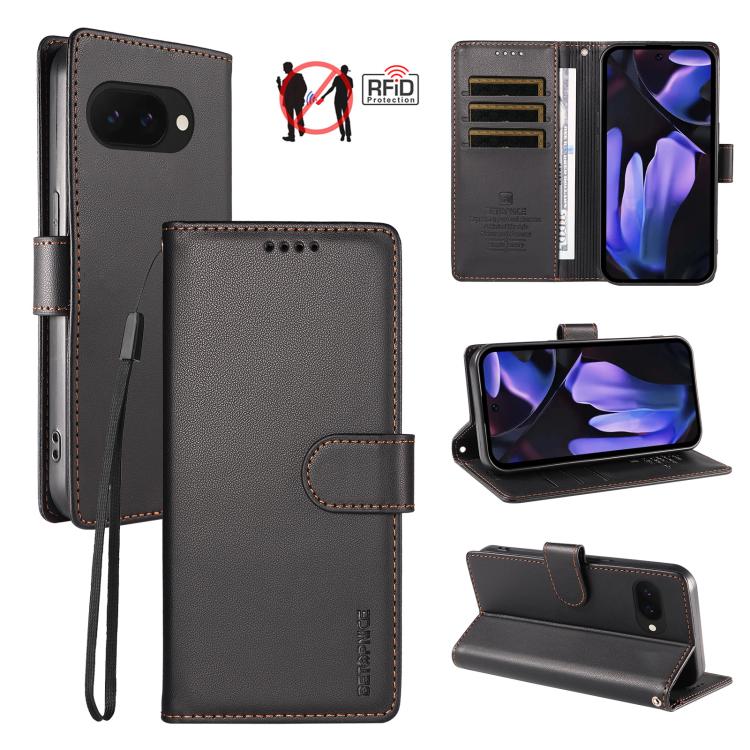 For Google Pixel 9a BETOPNICE Pearlescent RFID Vegan Leather Phone Case with Strap(Black)