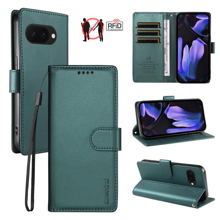 For Google Pixel 9a BETOPNICE Pearlescent RFID Vegan Leather Phone Case with Strap(Green)