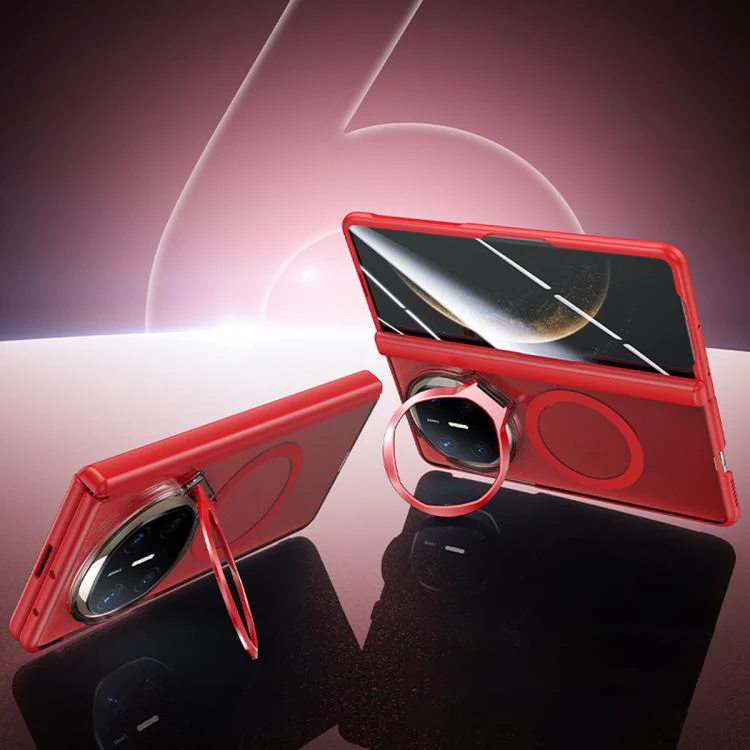 For Huawei Mate X6 Transparent Lens Holder Hinge Integrated Film Magnetic Ring Phone Case(Red)