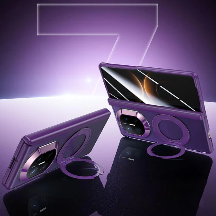 For Huawei Mate X7 Transparent Hinge Integrated Film 360 Magnetic Ring Holder Thick Phone Case(Purple)