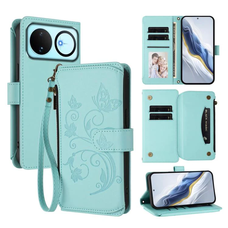 For Huawei nova 16 Butterfly Love Flower Multi-card Zipper Wallet Leather Phone Case(Mint Green)