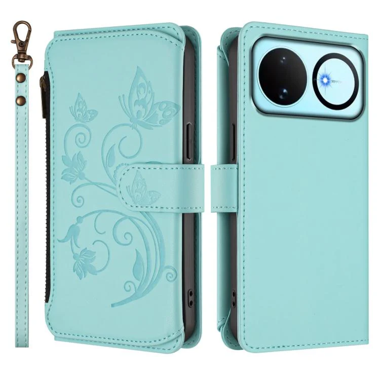 For Huawei nova 16 Butterfly Love Flower Multi-card Zipper Wallet Leather Phone Case(Mint Green) - Image 2