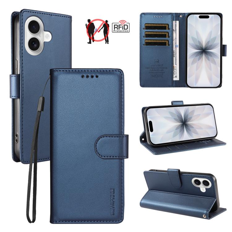 For iPhone 17 BETOPNICE Pearlescent RFID Vegan Leather Phone Case with Strap(Blue)