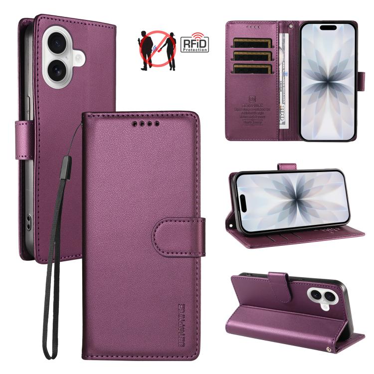 For iPhone 17 BETOPNICE Pearlescent RFID Vegan Leather Phone Case with Strap(Purple)