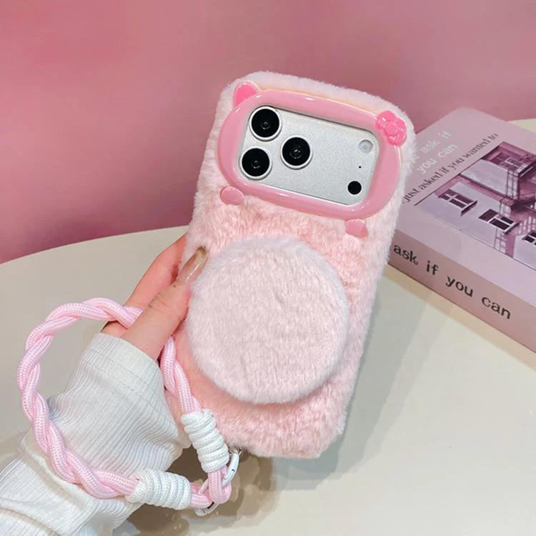 For iPhone 17 Pro 3D Bow-Tie Cat Mirror Holder Plush Phone Case with Strap(Beige) - Image 8