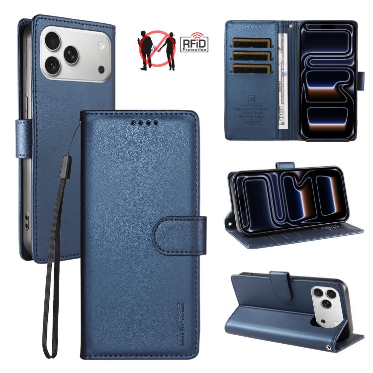 For iPhone 17 Pro BETOPNICE Pearlescent RFID Vegan Leather Phone Case with Strap(Blue)