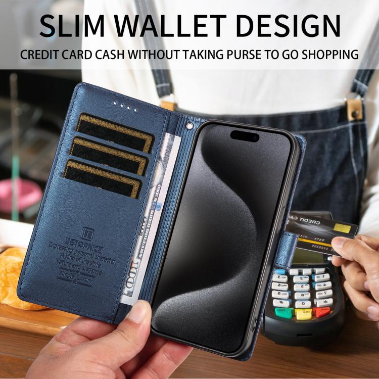 For iPhone 17 Pro BETOPNICE Pearlescent RFID Vegan Leather Phone Case with Strap(Blue) - Image 3
