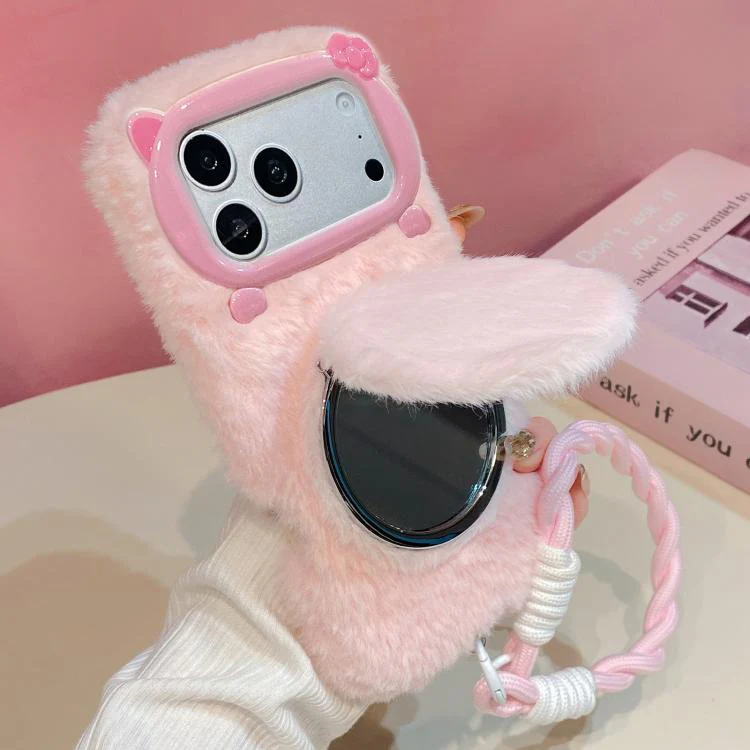 For iPhone 17 Pro Max 3D Bow-Tie Cat Mirror Holder Plush Phone Case with Strap(Pink)