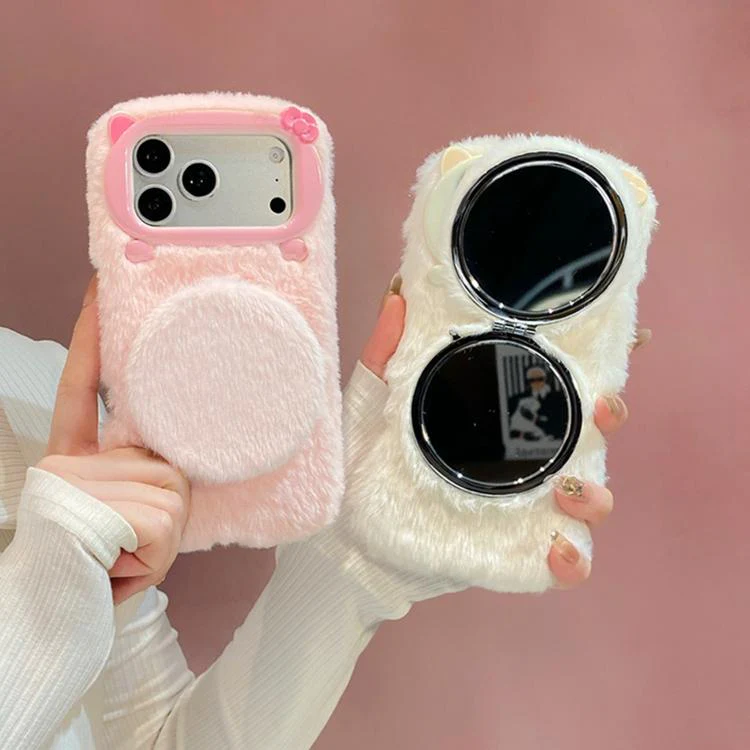 For iPhone 17 Pro Max 3D Bow-Tie Cat Mirror Holder Plush Phone Case with Strap(Pink) - Image 2