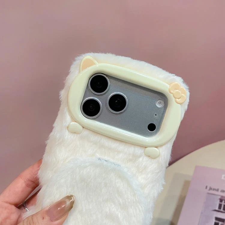 For iPhone 17 Pro Max 3D Bow-Tie Cat Mirror Holder Plush Phone Case with Strap(Pink) - Image 4