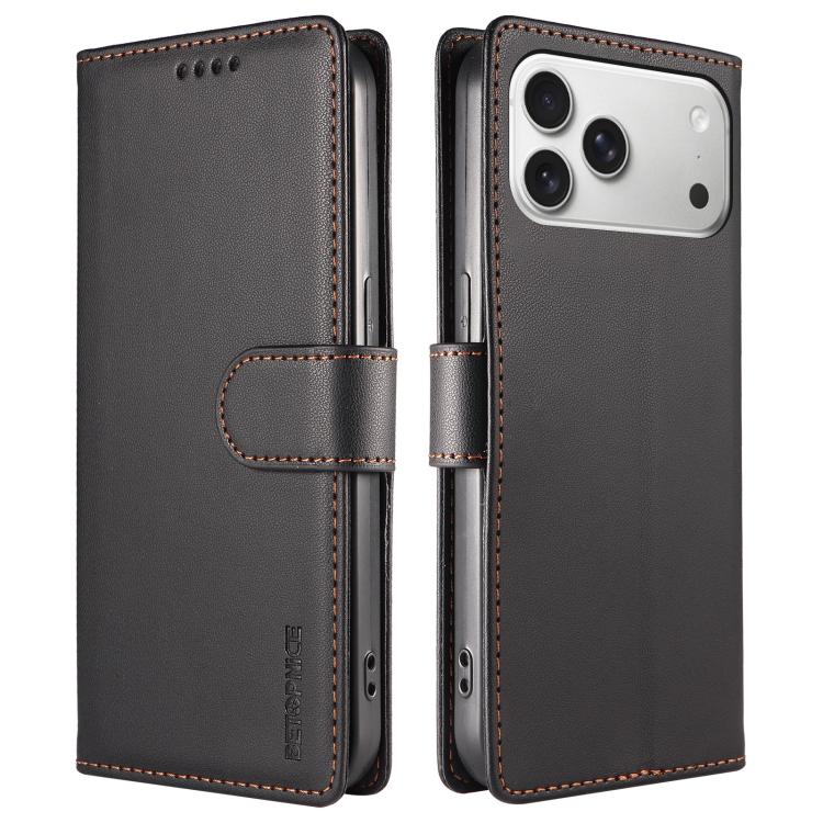 For iPhone 17 Pro Max BETOPNICE Pearlescent RFID Vegan Leather Phone Case with Strap(Black) - Image 2