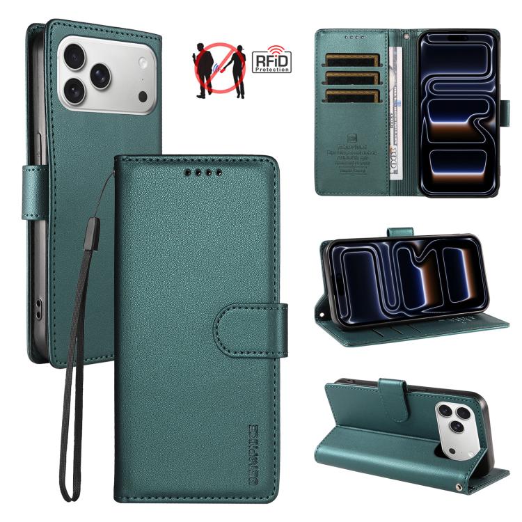 For iPhone 17 Pro Max BETOPNICE Pearlescent RFID Vegan Leather Phone Case with Strap(Green)