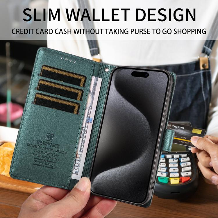 For iPhone 17 Pro Max BETOPNICE Pearlescent RFID Vegan Leather Phone Case with Strap(Green) - Image 3