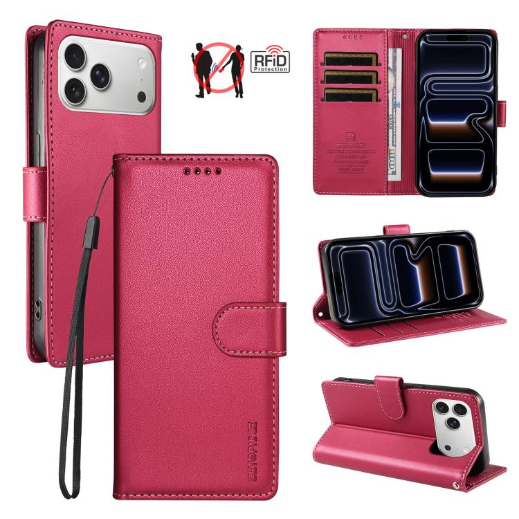 For iPhone 17 Pro Max BETOPNICE Pearlescent RFID Vegan Leather Phone Case with Strap(Red)
