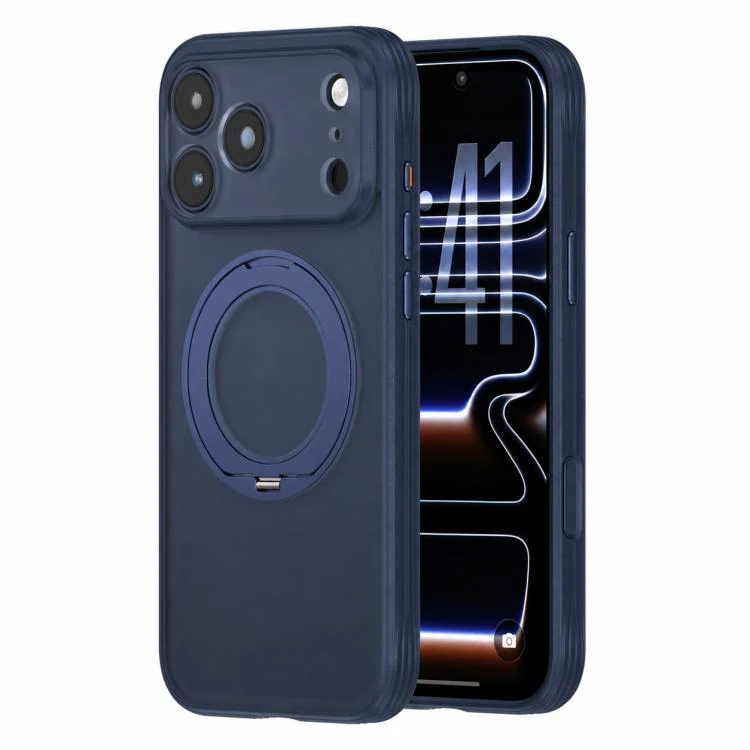 For iPhone 17 Pro Textured Non-slip Shockproof Magnetic Phone Case with Holder(Dark Blue)
