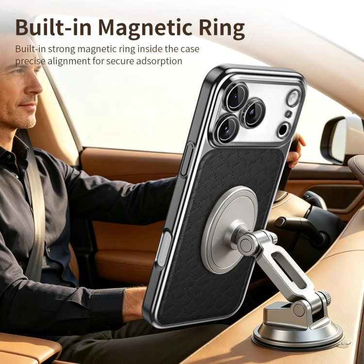 For iPhone 17 Rhombus Texture Magnetic Vegan Leather Phone Case(Black) - Image 6