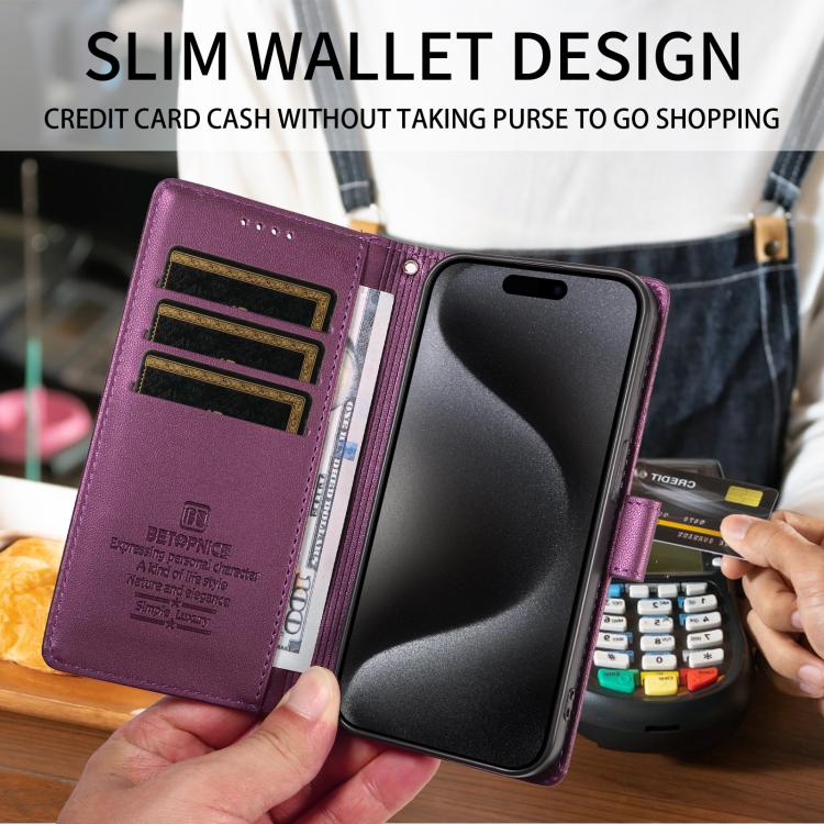 For iPhone 18 BETOPNICE Pearlescent RFID Vegan Leather Phone Case with Strap(Purple) - Image 3