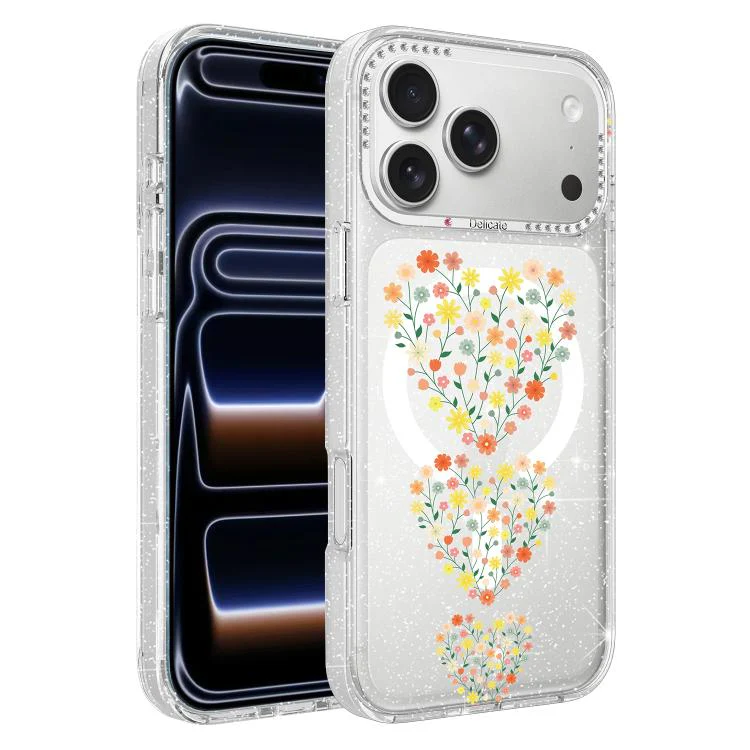For iPhone 18 Pro Max Flower Pattern IMD Glitter Magnetic Phone Case(Heart-shaped Flower Clusters)