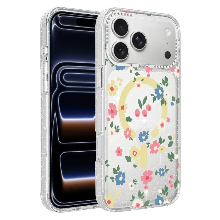 For iPhone 18 Pro Max Flower Pattern IMD Glitter Magnetic Phone Case(Rainbow Flower Field)