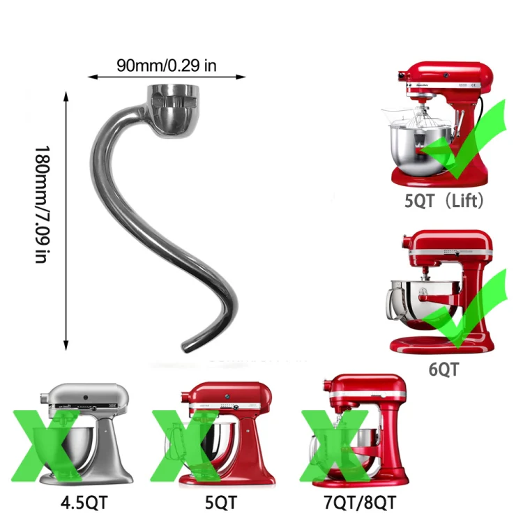 For KitchenAid Stand Mixer 6QT Dough Hook Stainless Steel Accessories - Image 2