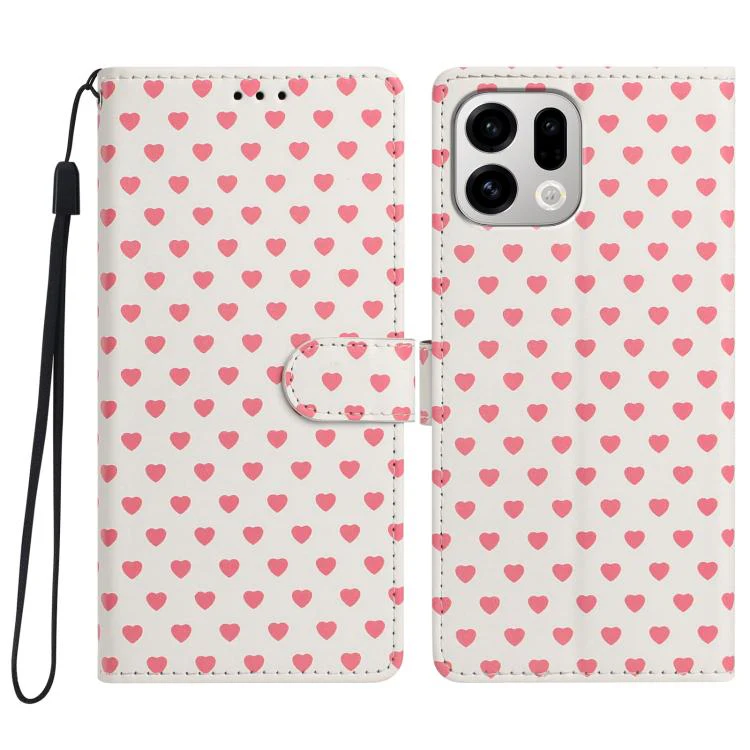 For OPPO Find X9 Hearts Pattern Buckle Vegan Leather Phone Case with Strap(Beige Hearts)