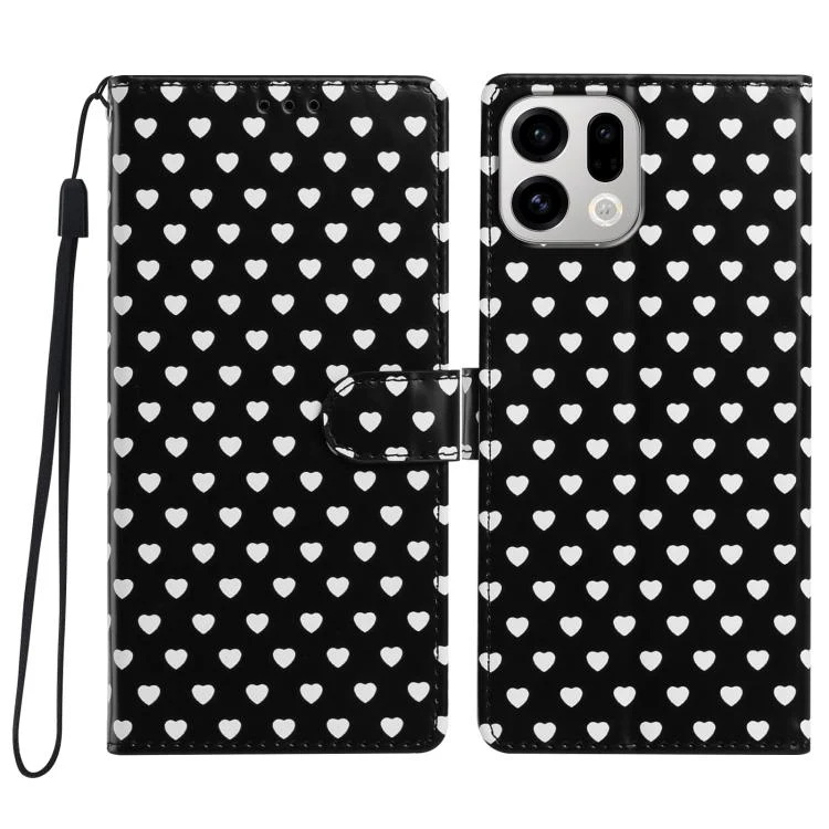 For OPPO Find X9 Hearts Pattern Buckle Vegan Leather Phone Case with Strap(Black Hearts)