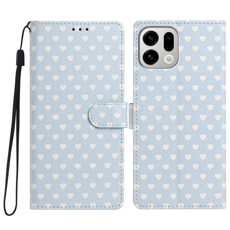 For OPPO Find X9 Hearts Pattern Buckle Vegan Leather Phone Case with Strap(Blue Hearts)