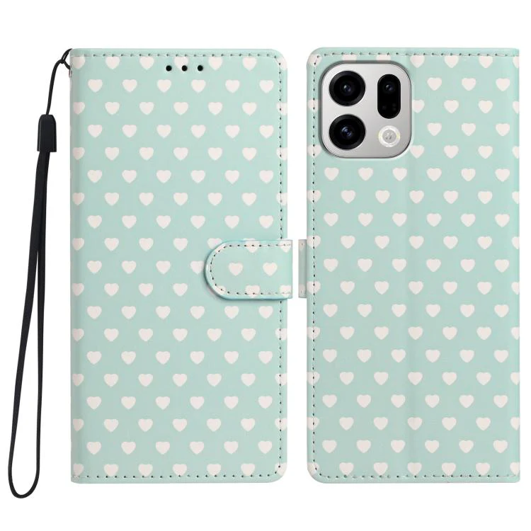 For OPPO Find X9 Hearts Pattern Buckle Vegan Leather Phone Case with Strap(Mint Green Hearts)