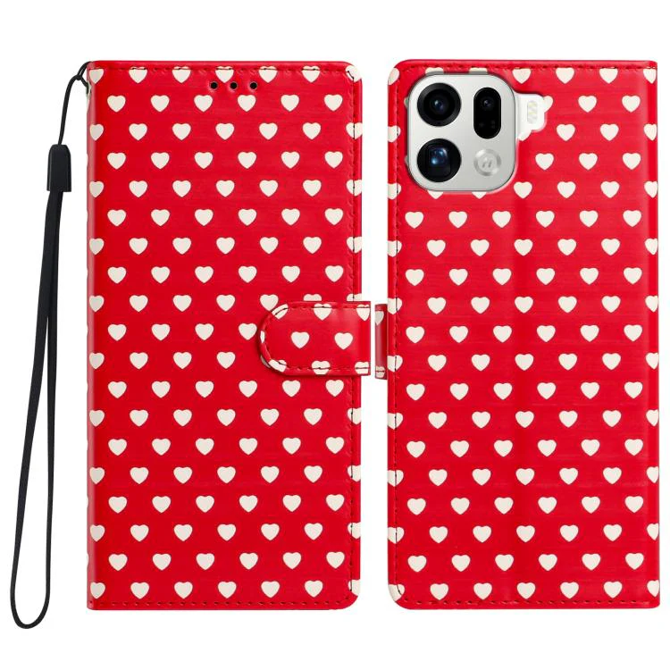 For OPPO Find X9 Pro Hearts Pattern Buckle Vegan Leather Phone Case with Strap(Red Hearts)