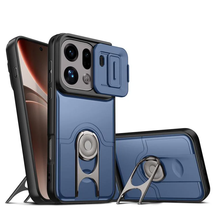 For OPPO Find X9 Pro Sliding Camera Cover 2 in 1 Rotating Holder Air Bag Shockproof Phone Case(Blue)