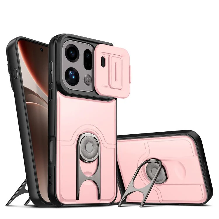 For OPPO Find X9 Pro Sliding Camera Cover 2 in 1 Rotating Holder Air Bag Shockproof Phone Case(Pink)
