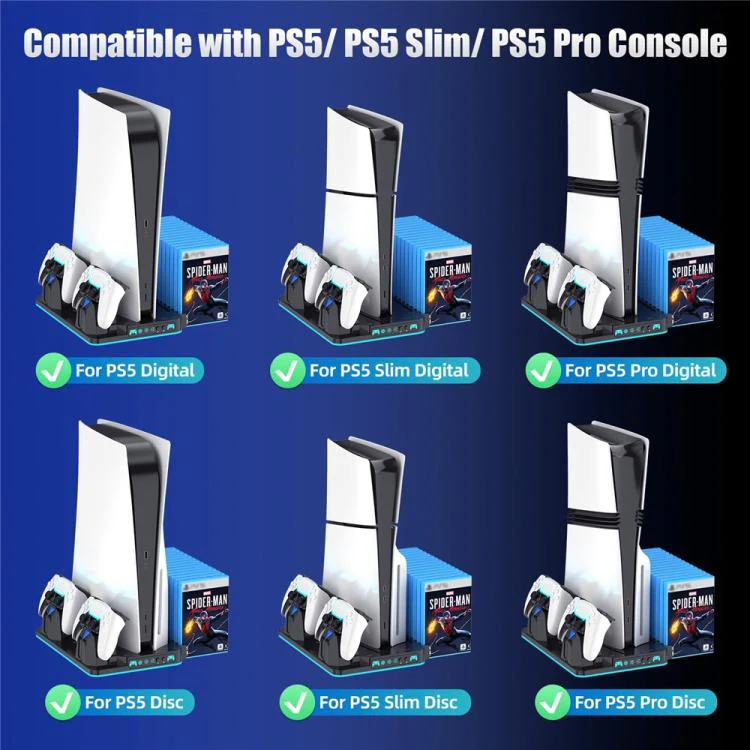 For PS5 / PS5 Slim / PS5 Pro Cooling Stand Dual Controller Charging Station Game Storage Rack(Black) - Image 6