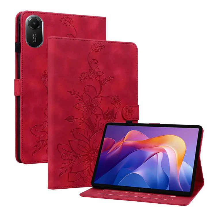 For Redmi Pad 2 / Redmi Pad SE 11 2025 Lily Embossed Leather Tablet Case(Red)