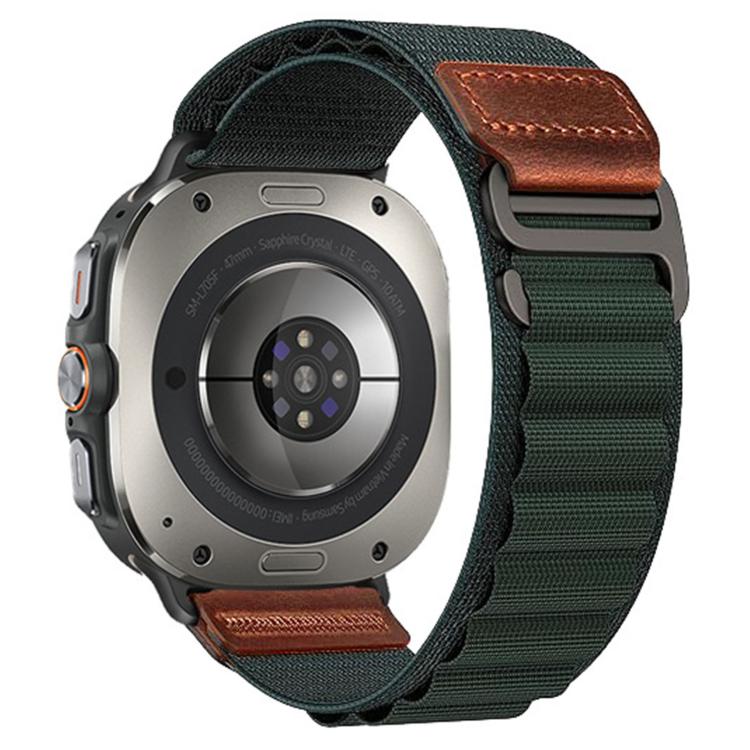For Samsung Galaxy Watch Ultra 47mm / Ultra 2025 Retro Vegan Leather Label Alpine Nylon Loop Watch Band(Dark Green)