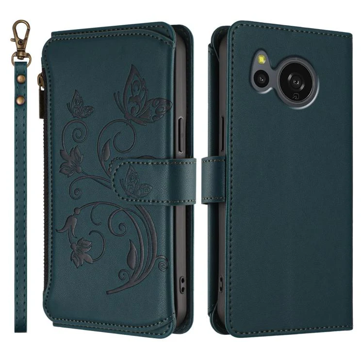 For Sharp Aquos Sense8 Butterfly Love Flower Multi-card Zipper Wallet Leather Phone Case(Dark Green) - Image 2