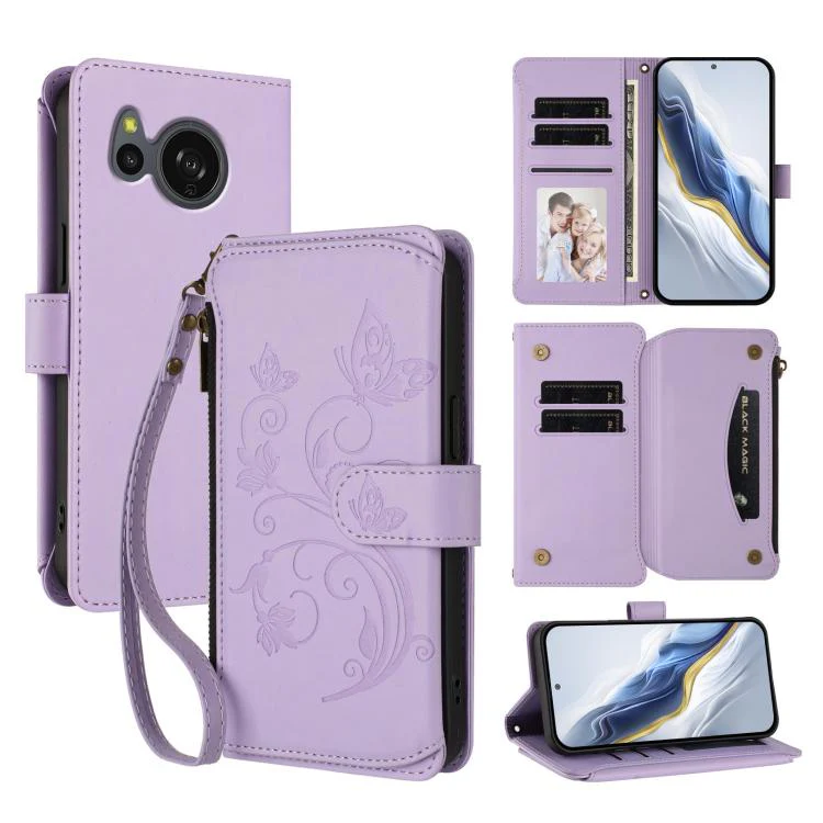 For Sharp Aquos Sense8 Butterfly Love Flower Multi-card Zipper Wallet Leather Phone Case(Light Purple)